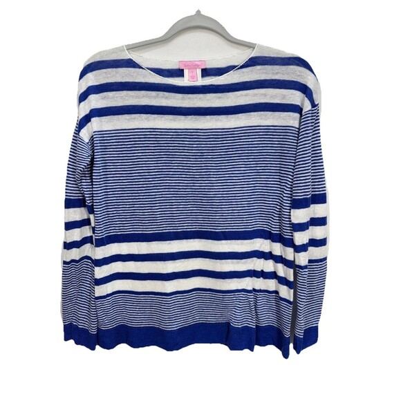 Lilly Pulitzer Camilla 100% Linen Top Size Small Blue Stripe Boatneck Sweater - Picture 4 of 11